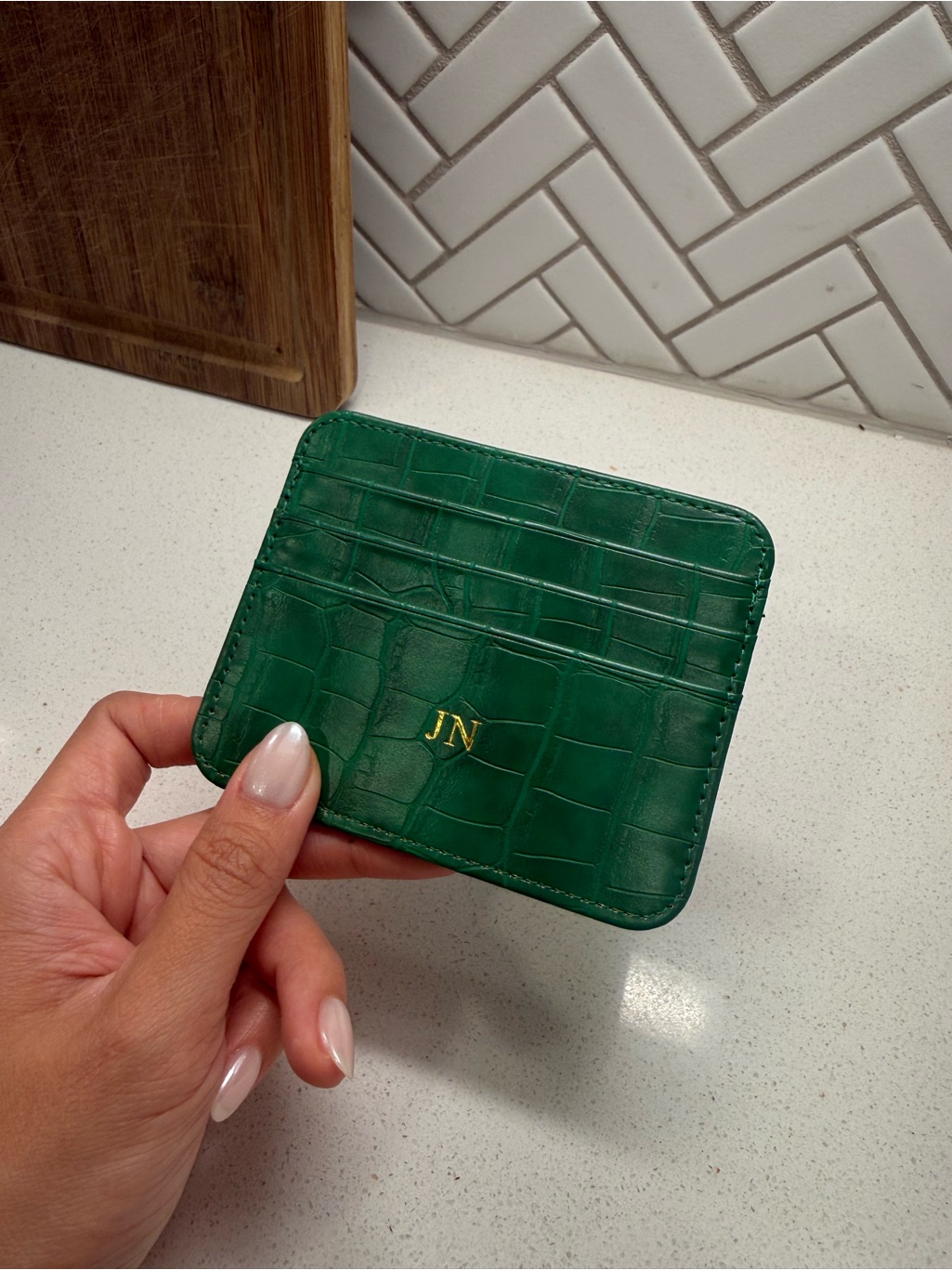 Green CrocEmbossed Leather Card Holder With Gold Initials